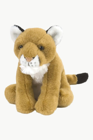 A plush toy mountain lion sitting on a solid white background. The toy features golden-brown fur, a white chest and inner ears, black-tipped tail and ear tips, and black eyes.