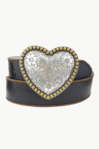 Vintage Black Leather Belt with Heart Buckle