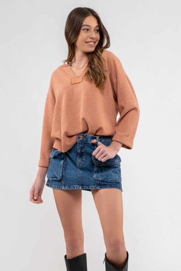 Rhonda Rough Hem Knit Fold Sleeve