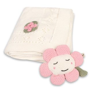 Viverano Flower Pointelle Knit Blanket & Flower Rattle Gift Set