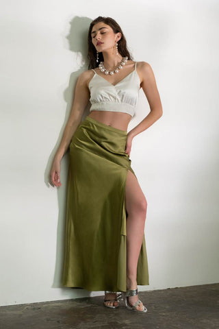 Tiffany Satin Side Slit Midi Skirt