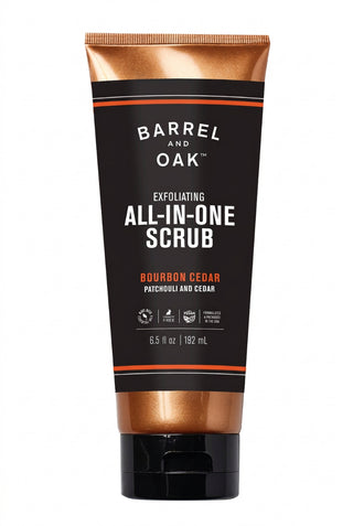 Tube of Barrel and Oak exfoliating all-in-one scrub with black and bronze design.