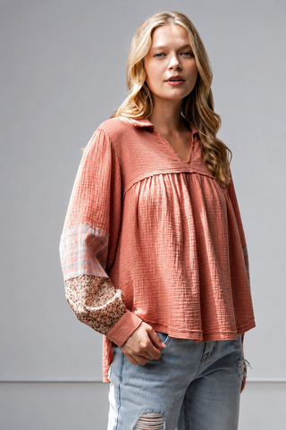 Easel Ali Long Sleeve Cotton Gauze Mixed Print