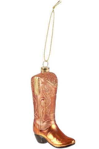 A metallic copper-colored cowboy boot Christmas ornament with gold western embroidery, a gold hanging loop, and a dark brown heel, shown against a plain white background.