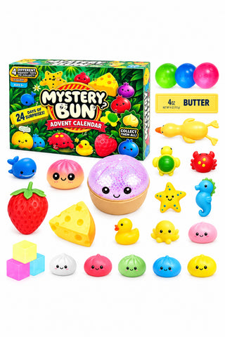 Mystery Bun Advent Calendar toy set with a colorful illustrated box, a large round purple bun, a strawberry-shaped object, a cheese slice, small colorful squishy toys, and a yellow duck toy arranged in front of the package on a white background.