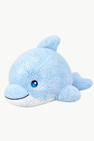 A light blue plush dolphin toy.