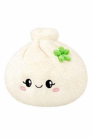 A cute, round plush dumpling toy with embroidered eyes and mouth, pink cheeks, and a green leaf detail on top.