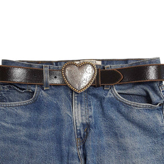 Vintage Black Leather Belt with Heart Buckle