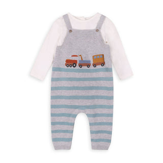 Viverano Train Applique & Stripe Baby Overall & Bodysuit Set: Heather Grey/Ocean Teal / 0-3M