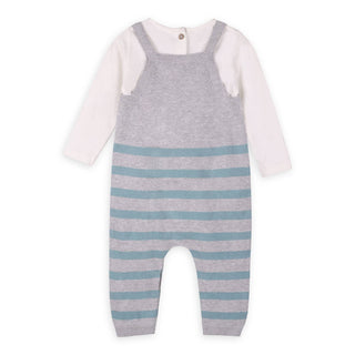 Viverano Train Applique & Stripe Baby Overall & Bodysuit Set: Heather Grey/Ocean Teal / 0-3M