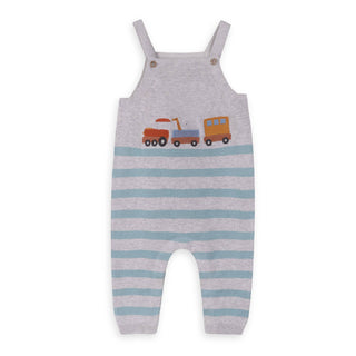 Viverano Train Applique & Stripe Baby Overall & Bodysuit Set: Heather Grey/Ocean Teal / 0-3M