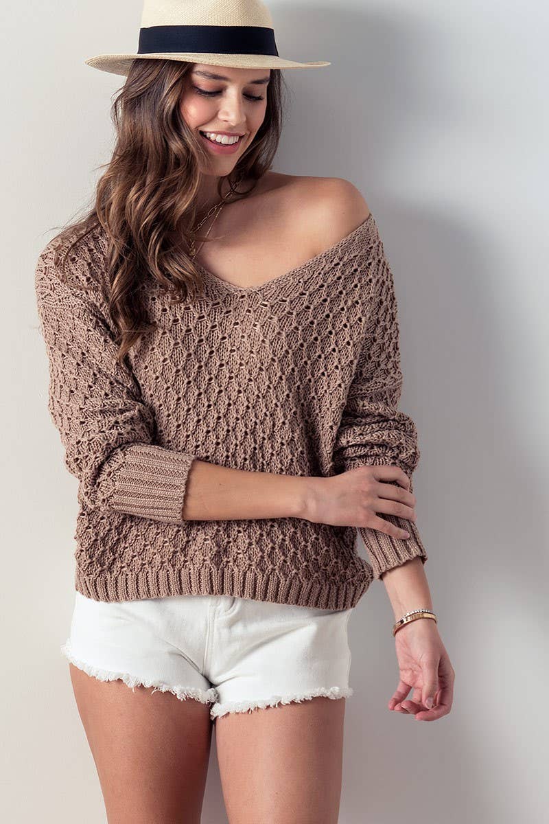 Angie Crochet Open Knit V-Neck Sweater