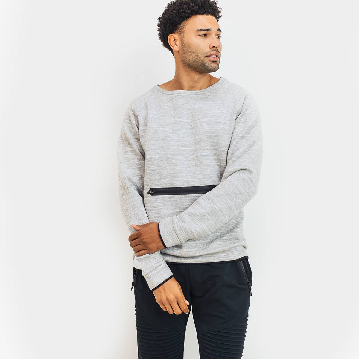 Crew Neck Pullover with Zippered Front Pocket