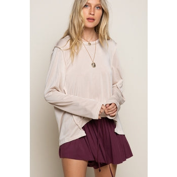 Tan Long Sleeve Top w/Raw Edge Detail