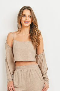 Cindy Rib Crop Tank with Button Front Long Sleeve Cardigan Set