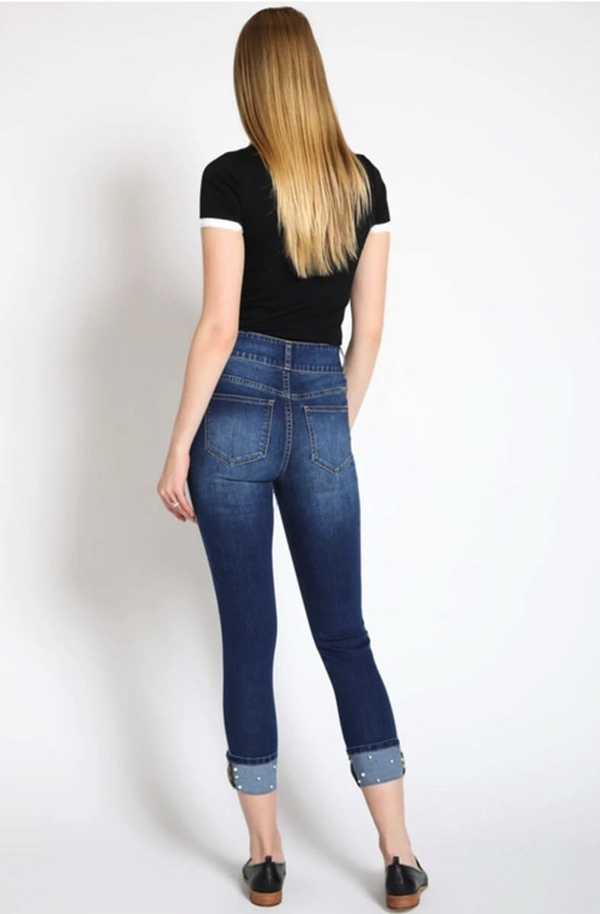 KanCan Ankle Skinny Jean with Pearl & Double White Stripe Detail