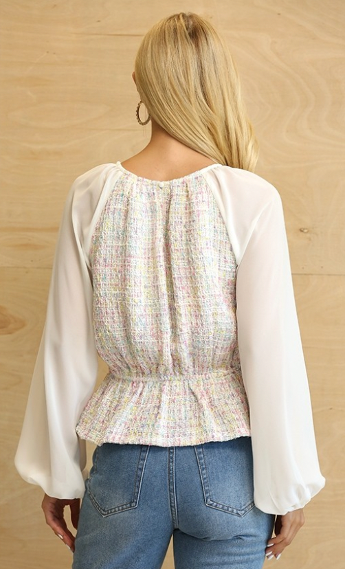 Claire Tweed And Chiffon Peplum Top With Back Key hole