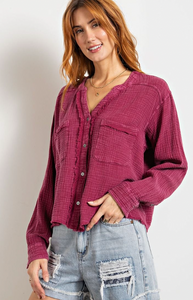 Easel Annelle Mineral Washed Cotton Gauze Button Down Shirt