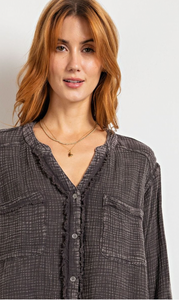 Easel Annelle Mineral Washed Cotton Gauze Button Down Shirt