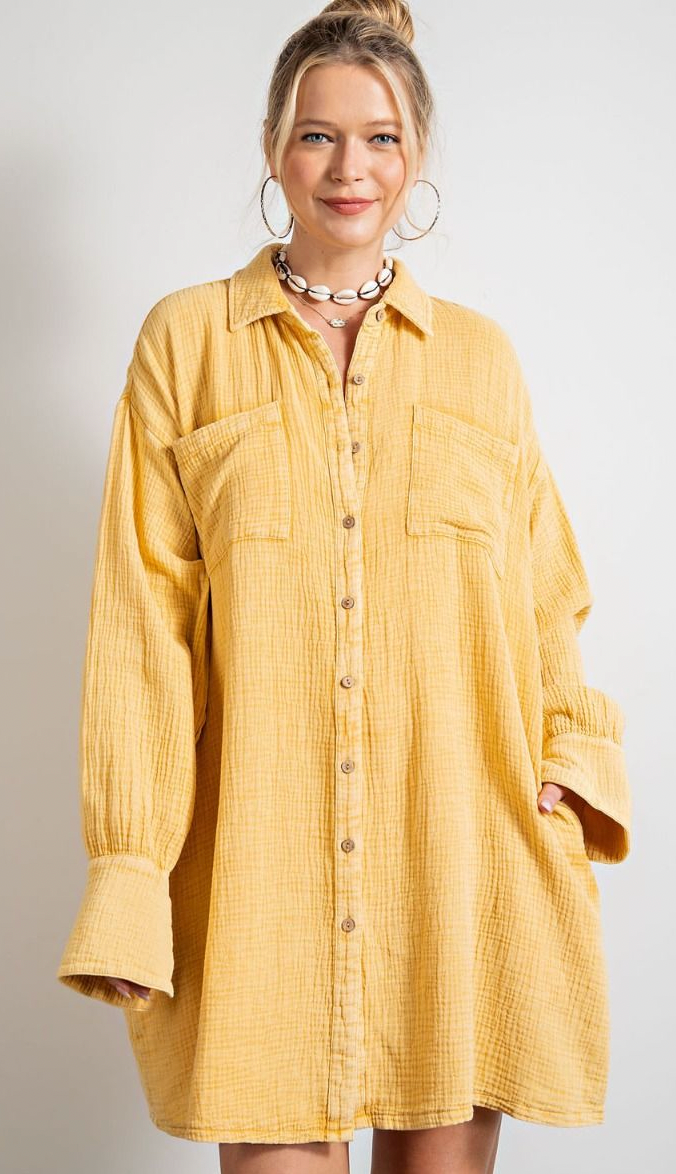 Easel Cara Cotton Long Sleeve Gauze Button Down Shirt Dress