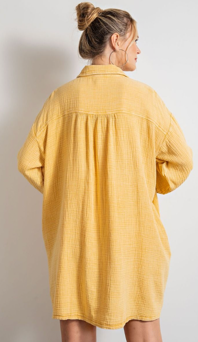 Easel Cara Cotton Long Sleeve Gauze Button Down Shirt Dress