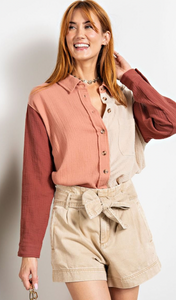 Easel Mary Color Block Cotton Gauze Button Down Shirt