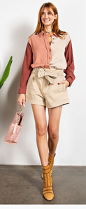 Easel Mary Color Block Cotton Gauze Button Down Shirt
