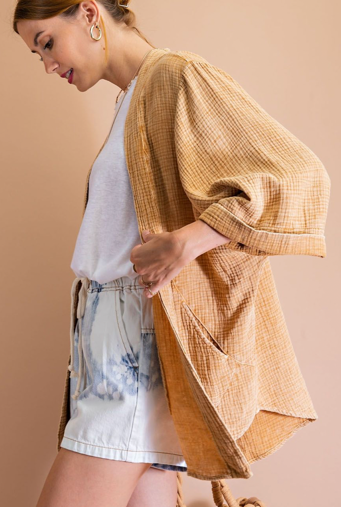 Easel Quinn 3/4 Sleeve Cotton Gauze Open Kimono