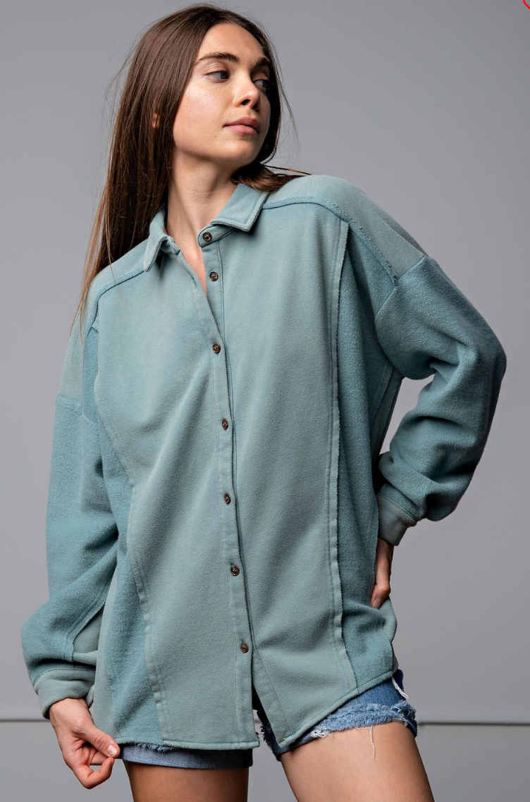 Easel Liv Long Sleeve Terry Knit Button Down Tunic Shirt