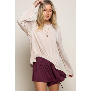 Tan Long Sleeve Top w/Raw Edge Detail