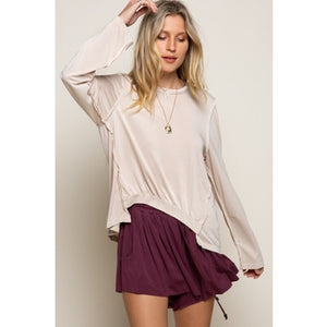 Tan Long Sleeve Top w/Raw Edge Detail