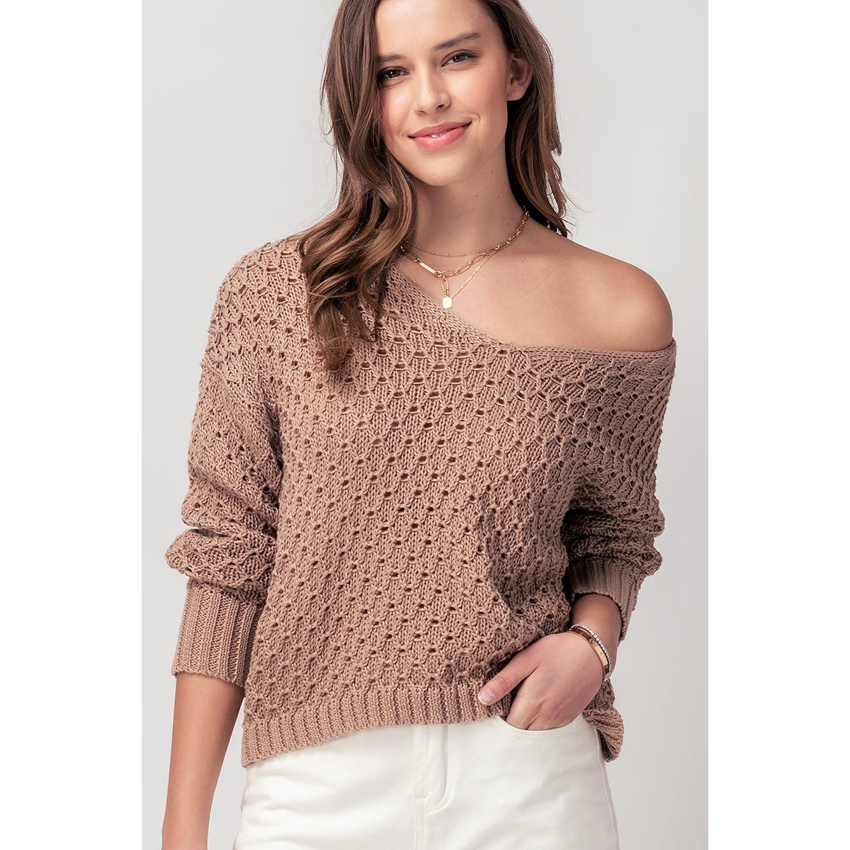 Angie Crochet Open Knit V-Neck Sweater