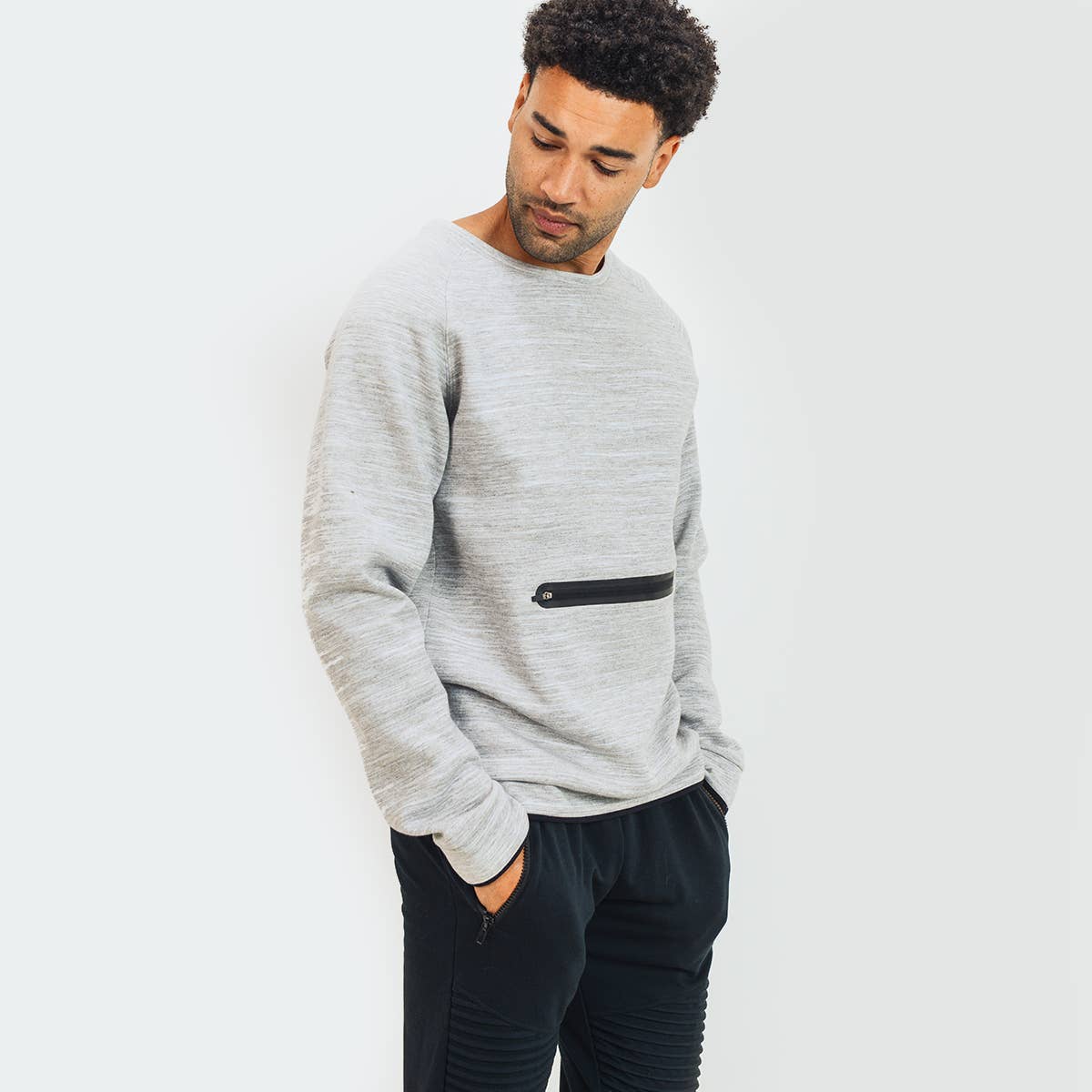 Crew Neck Pullover with Zippered Front Pocket
